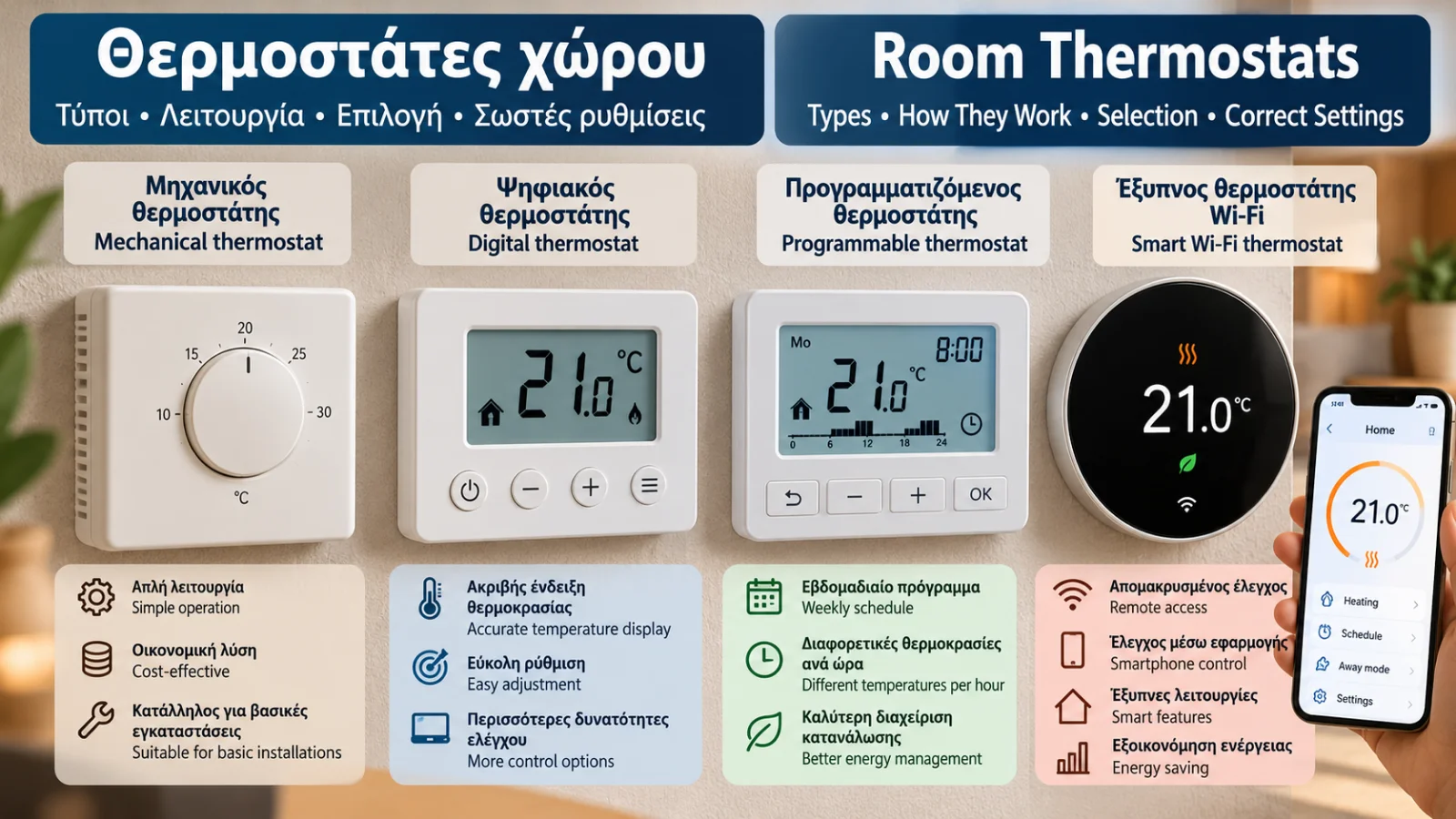 Technical comparison of mechanical, digital, programmable and smart room thermostats for heating systems, illustrating temperature control, scheduling and remote access features.