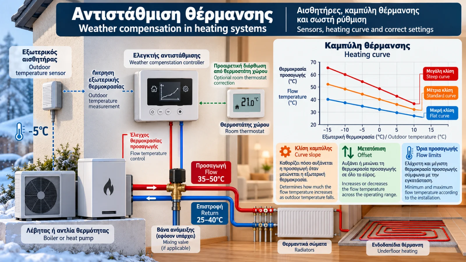 Τεχνικό διάγραμμα αντιστάθμισης θέρμανσης με εξωτερικό αισθητήρα, ελεγκτή, λέβητα ή αντλία θερμότητας και καμπύλη που συσχετίζει την εξωτερική θερμοκρασία με τη θερμοκρασία προσαγωγής.