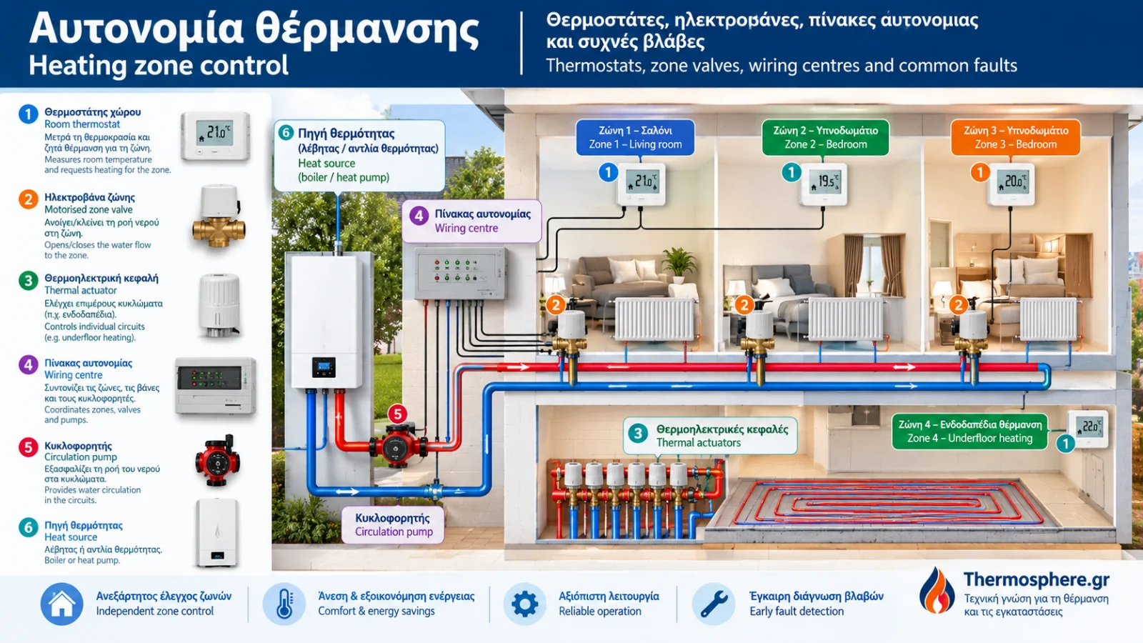 Technical illustration of a multi-zone heating control system with room thermostats, zone controller, motorised zone valves, circulation pump and independently controlled heating zones.