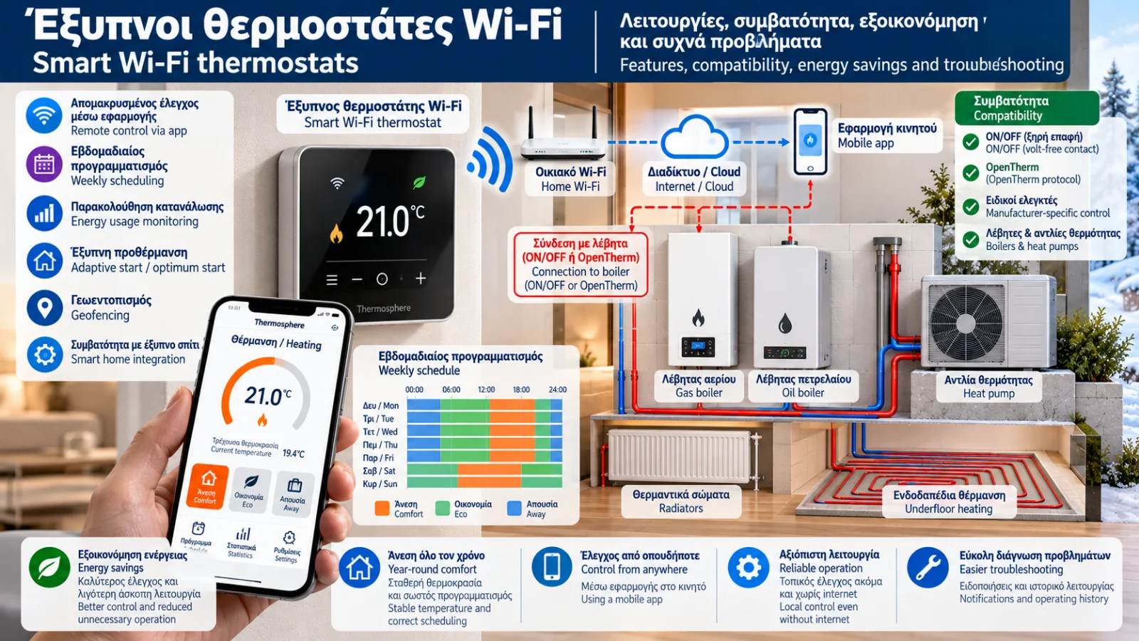 Smart Wi-Fi thermostat connected to a boiler or heat pump heating system, showing smartphone app control, remote temperature management and weekly heating schedules.