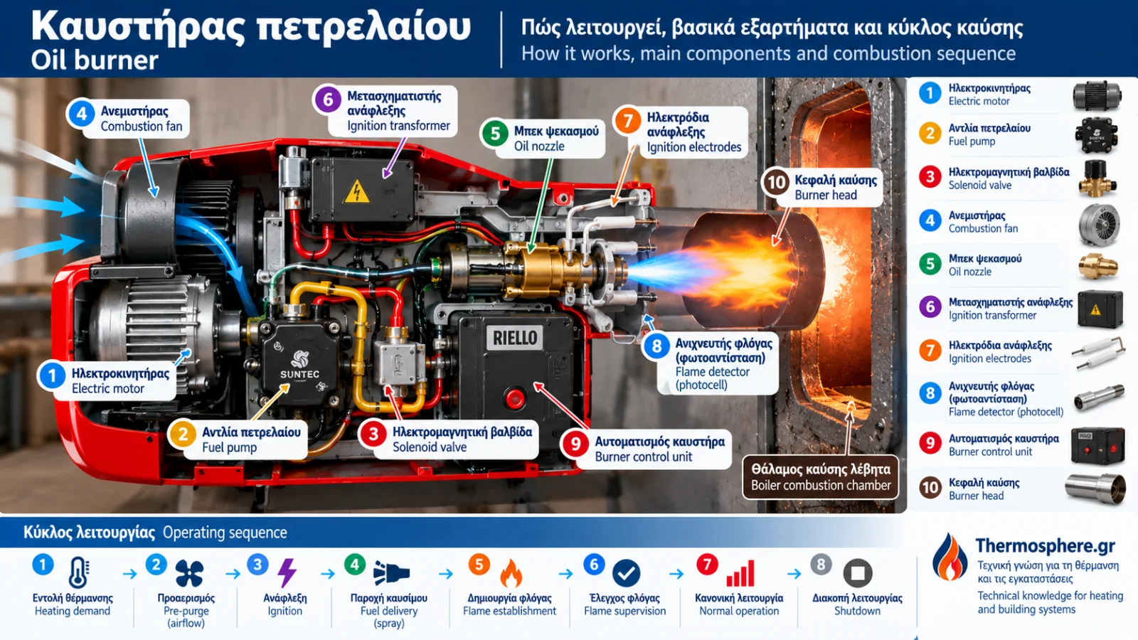 Τεχνική απεικόνιση καυστήρα πετρελαίου σε τομή, με αντλία καυσίμου, μπεκ ψεκασμού, ανεμιστήρα, ηλεκτρόδια ανάφλεξης, ανιχνευτή φλόγας και κεφαλή καύσης.
