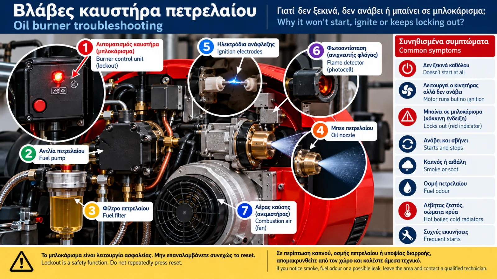 Technical illustration of oil burner troubleshooting showing a red lockout indicator, burner safety control, flame detector, fuel pump, oil nozzle and ignition electrodes.