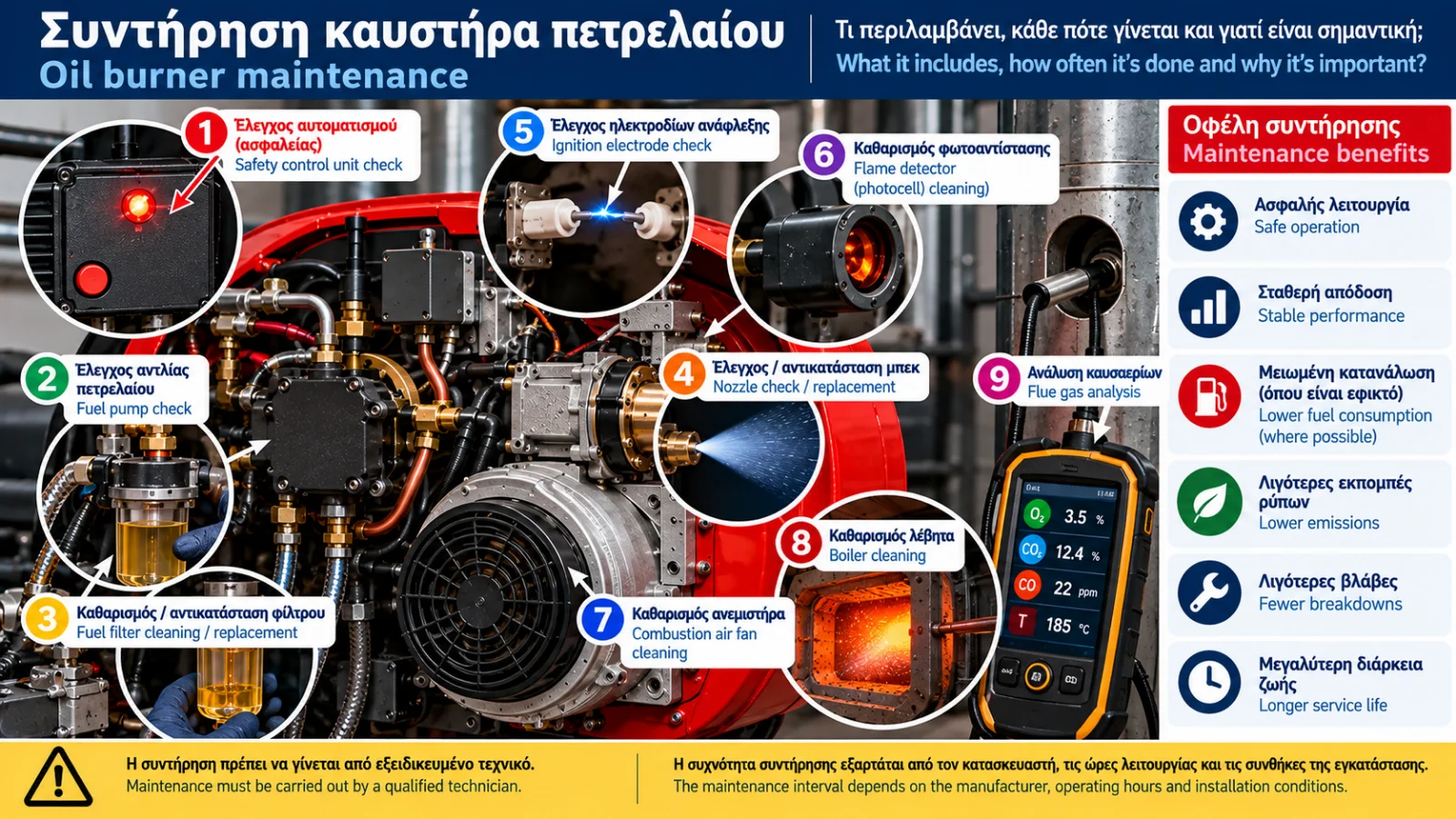 Technical illustration of oil burner maintenance showing inspection of the nozzle, fuel filter, oil pump, ignition electrodes, flame detector, combustion fan and flue gas analysis.