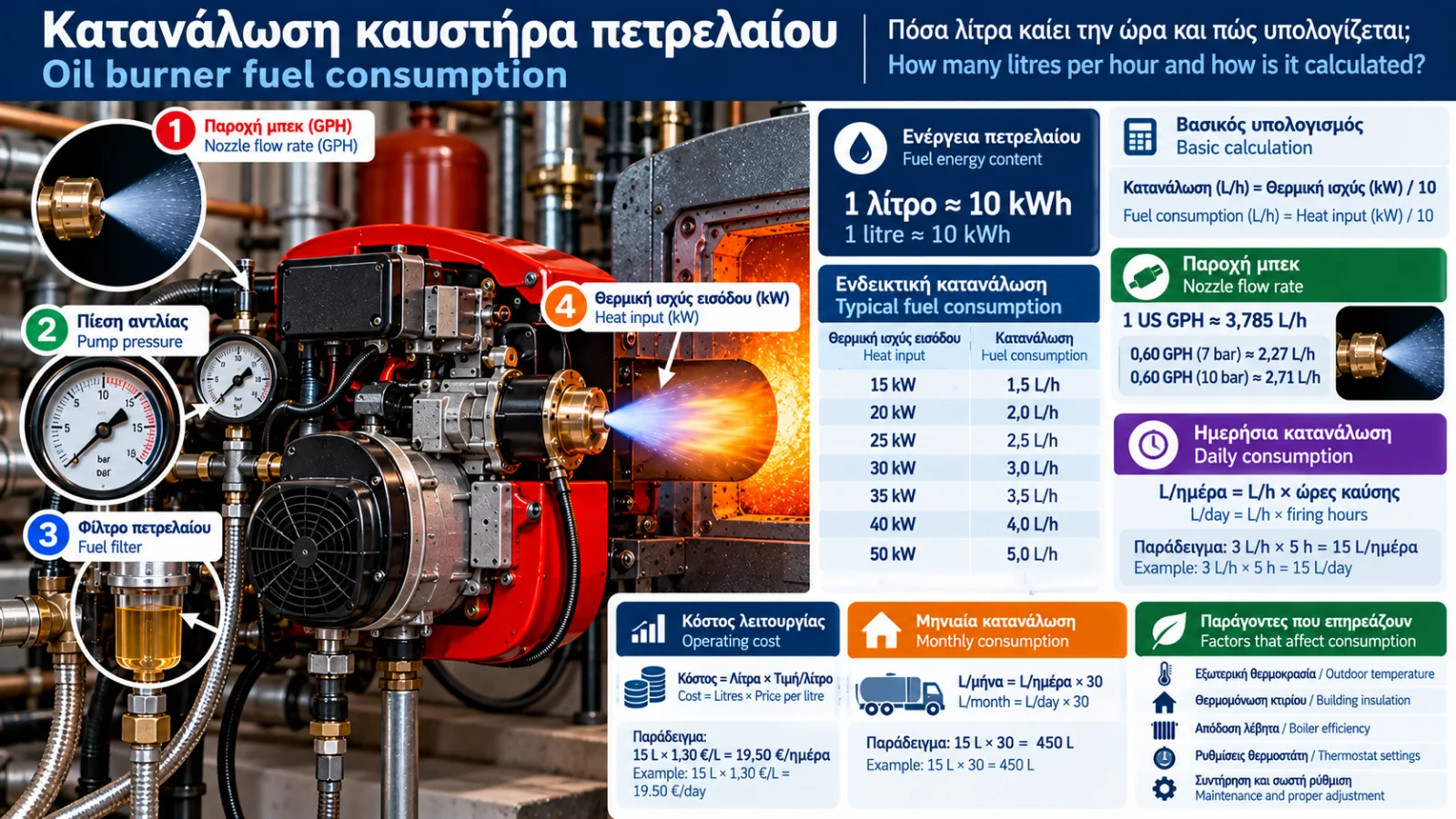 Technical infographic showing oil burner fuel consumption, with an oil-fired boiler, nozzle flow rate, litres-per-hour gauge, heat input calculations and heating cost examples.