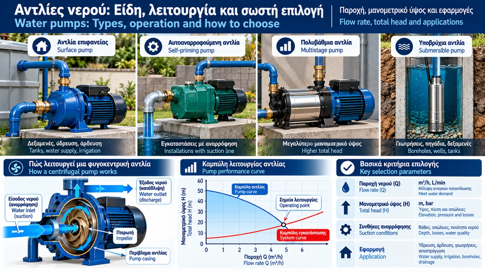 Technical illustration comparing water pump types, including surface centrifugal, self-priming, multistage and submersible pumps, with a flow rate and total head performance diagram.