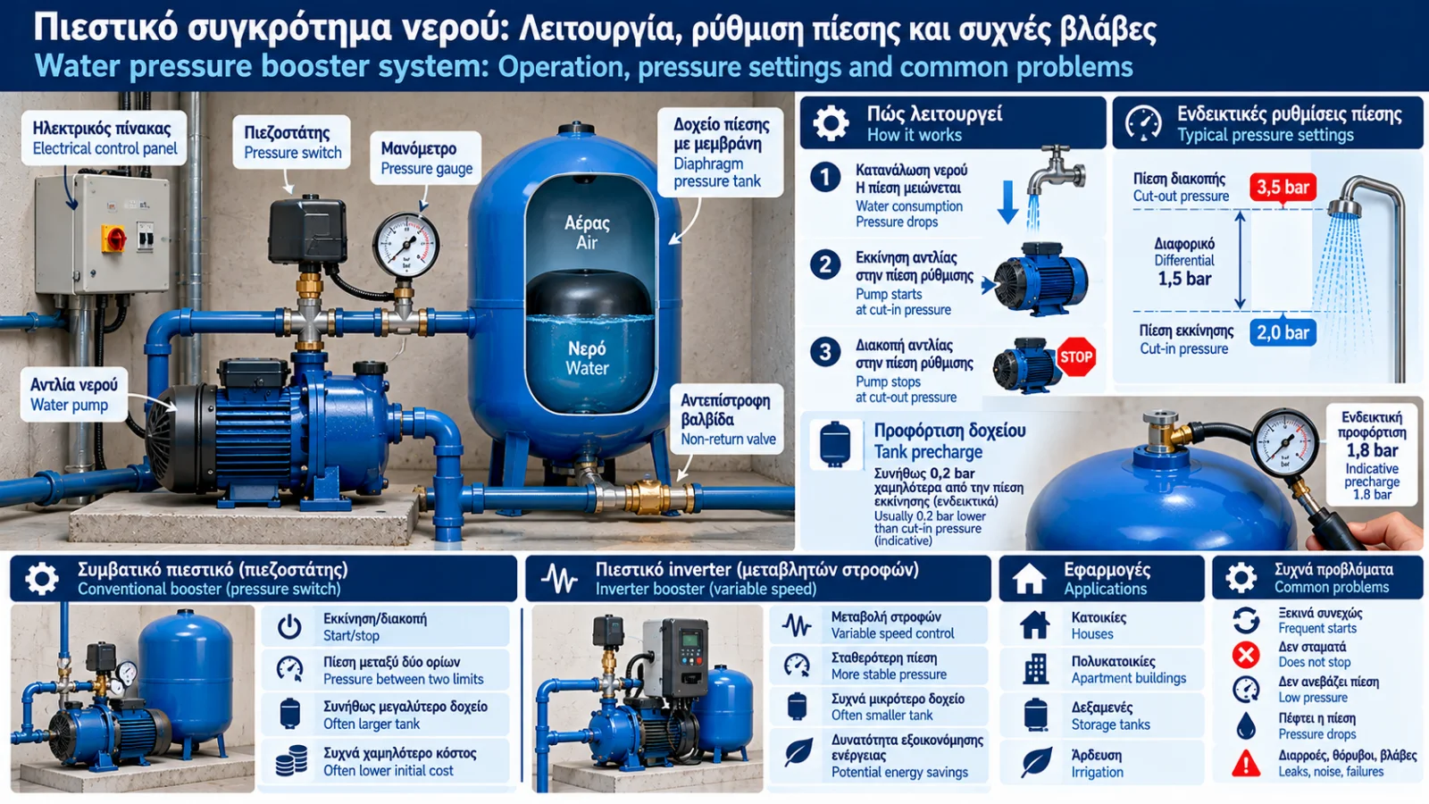 Technical infographic of a water pressure booster system showing the pump, pressure switch, pressure gauge, diaphragm pressure tank, example cut-in and cut-out pressures, and conventional versus inverter-controlled operation.