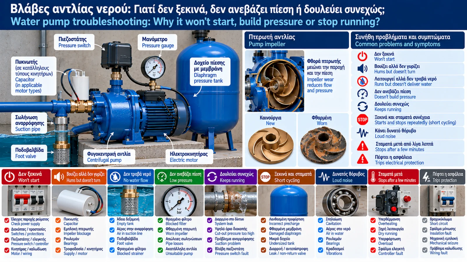 Technical water pump troubleshooting infographic showing a centrifugal pump, electric motor, capacitor, pressure switch, suction filter, impeller, pressure gauge and common starting, suction and pressure faults.