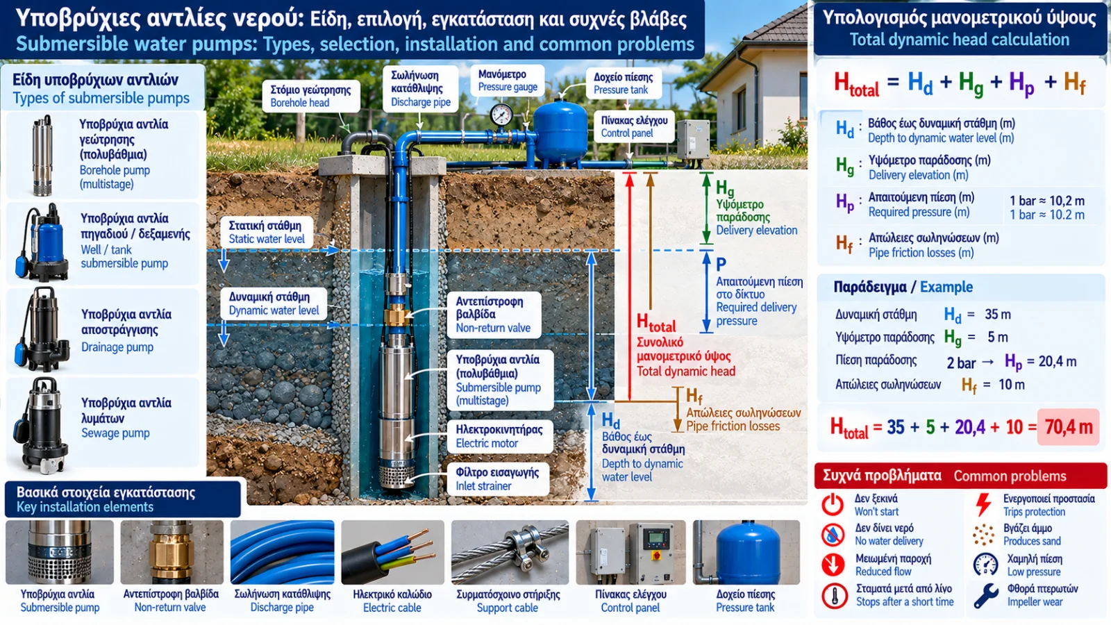 Τεχνικό infographic υποβρύχιας αντλίας νερού μέσα σε γεώτρηση, με στατική και δυναμική στάθμη, σωλήνωση κατάθλιψης, πολυβάθμια αντλία, ηλεκτροκινητήρα, υπολογισμό μανομετρικού ύψους και προστασία ξηρής λειτουργίας.