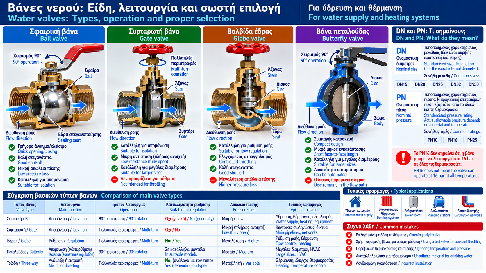 Technical infographic comparing ball, gate, globe and butterfly valves, showing internal cutaway mechanisms, flow direction, DN and PN ratings, and applications in water supply and heating systems.