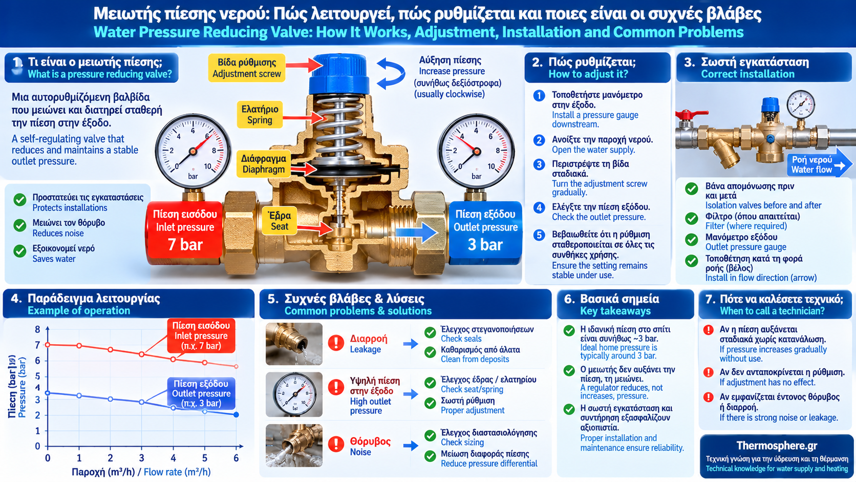 Technical cutaway of a water pressure reducing valve showing diaphragm, adjustment spring, valve seat and flow direction, inlet and outlet pressure gauges, a 7-to-3 bar pressure reduction example and a correct installation diagram.