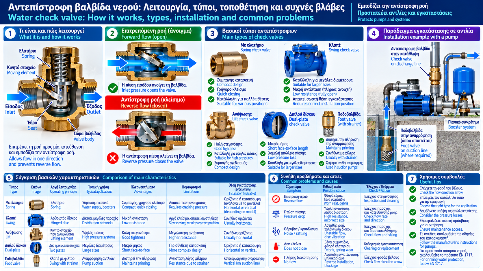 Bilingual technical infographic showing a water check valve cutaway, spring and sealing seat, permitted and reverse flow directions, swing check and foot valve types, pump installation and common troubleshooting symptoms.