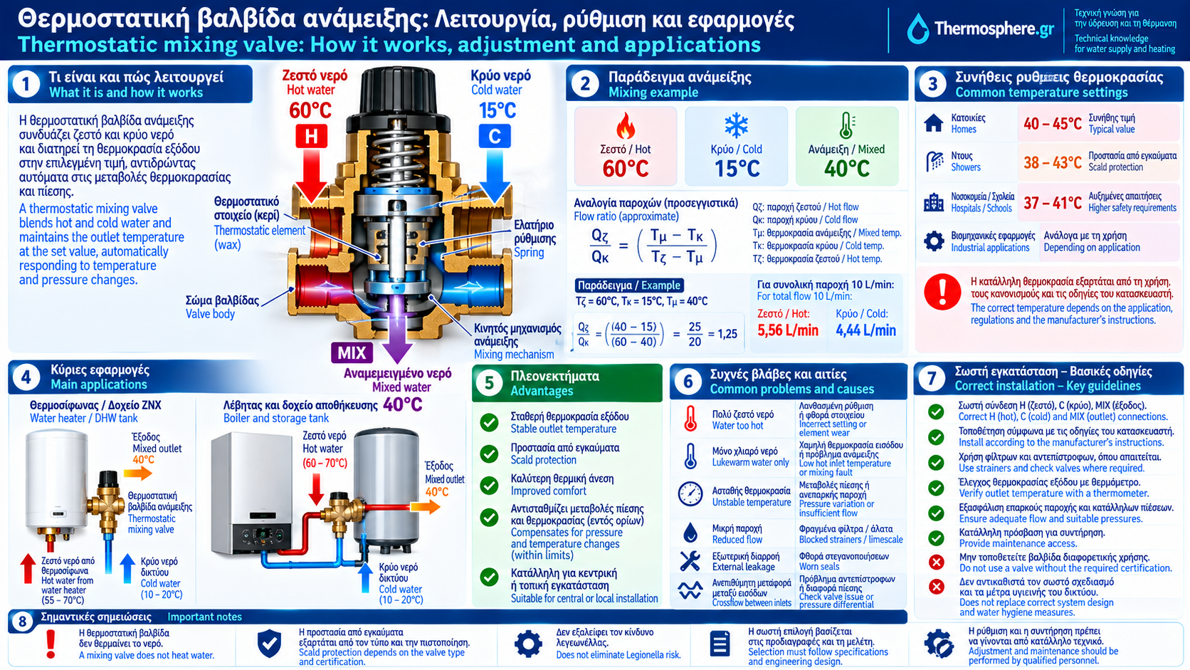 Δίγλωσσο τεχνικό infographic θερμοστατικής βαλβίδας ανάμειξης με τομή θερμοστατικού στοιχείου, είσοδο ζεστού νερού H, είσοδο κρύου νερού C, έξοδο MIX, παράδειγμα ανάμειξης 60°C και 15°C για παραγωγή νερού 40°C, εγκατάσταση σε θερμοσίφωνα και συχνές βλάβες.