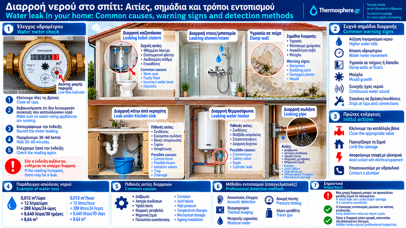 Bilingual technical infographic about household water leaks showing a water meter recording consumption, leaking pipe, damp wall, toilet cistern and kitchen sink, together with basic leak detection steps and safe initial actions.