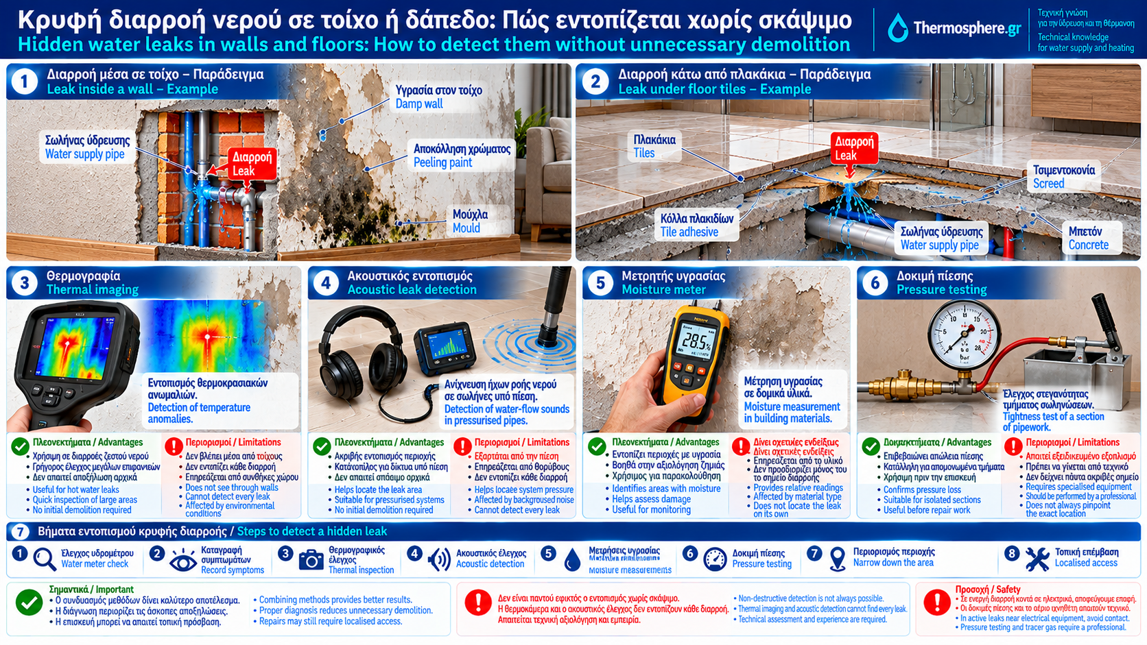 Bilingual technical infographic illustrating hidden water leak detection in walls and floors using thermal imaging, acoustic leak detection, moisture meters, pressure testing and concealed pipe inspection, including the limitations of each method.