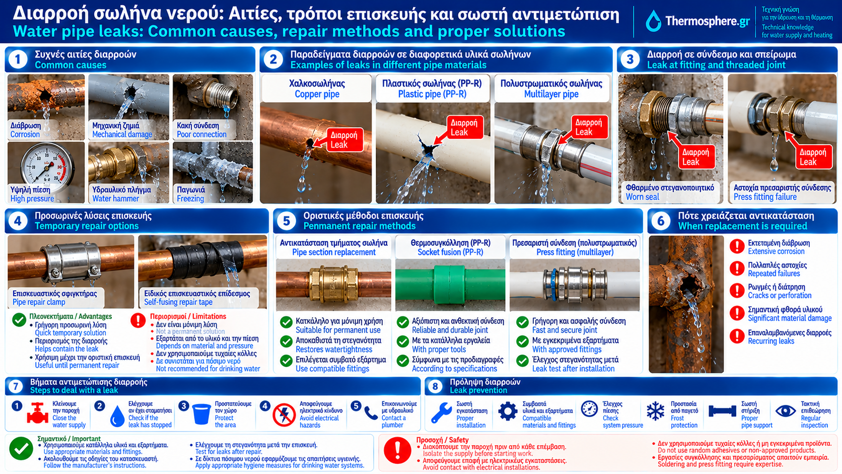 Bilingual technical infographic showing water pipe leaks in copper, plastic and multilayer piping, joint failures, temporary repair clamps, permanent pipe section replacement and essential plumbing safety precautions.