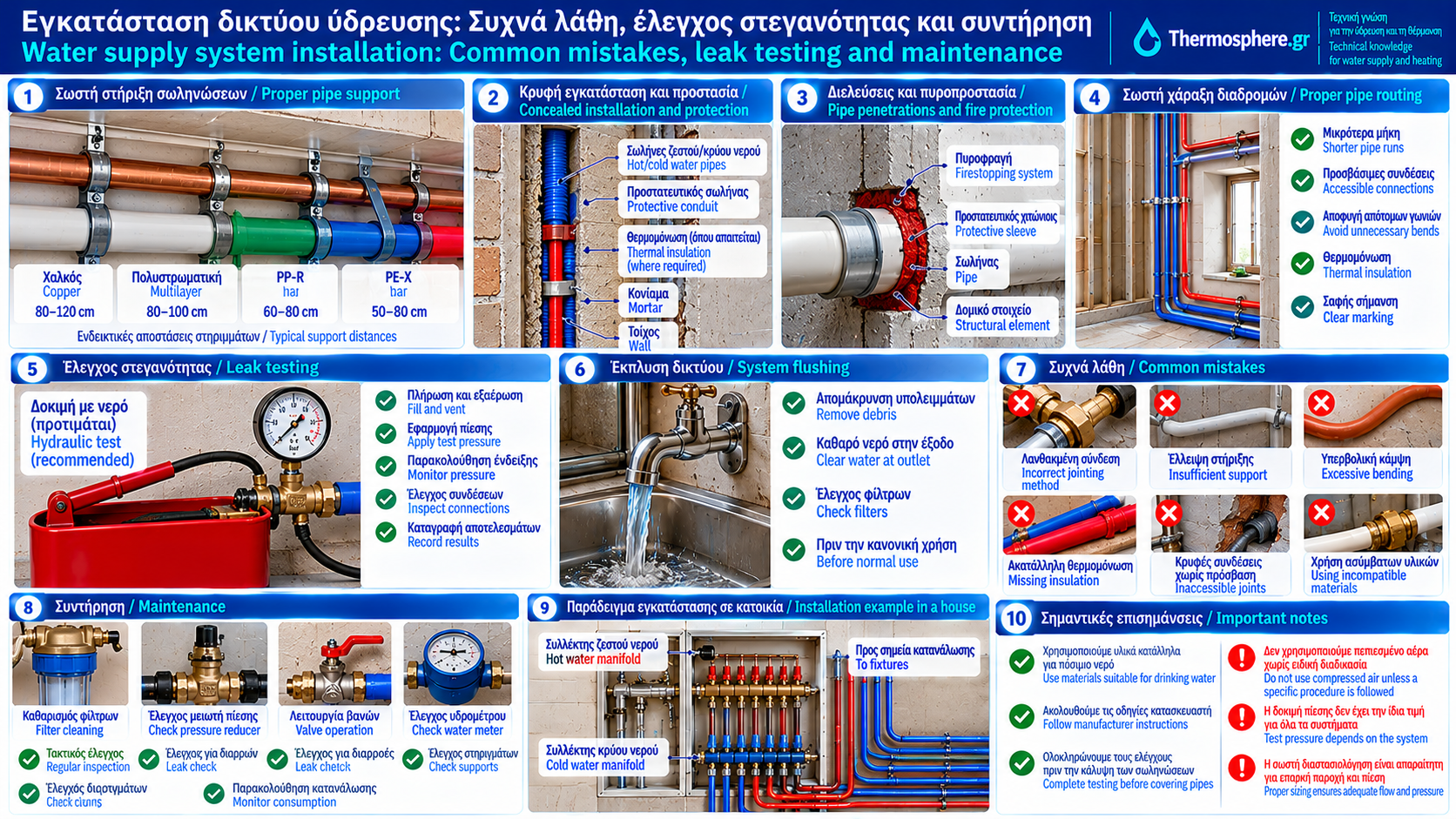 Δίγλωσσο τεχνικό infographic για την εγκατάσταση δικτύου ύδρευσης, με σωστή στήριξη σωληνώσεων, προστασία κρυφών διαδρομών, έλεγχο στεγανότητας με μανόμετρο, έκπλυση δικτύου, συχνά λάθη και προληπτική συντήρηση.