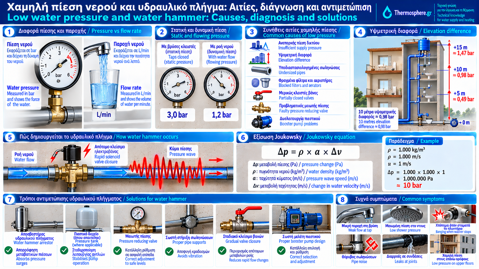 Technical illustration of low water pressure and water hammer in a building water supply system, showing a pressure gauge, plumbing pipes, solenoid valve, pressure waves and a water hammer arrestor.