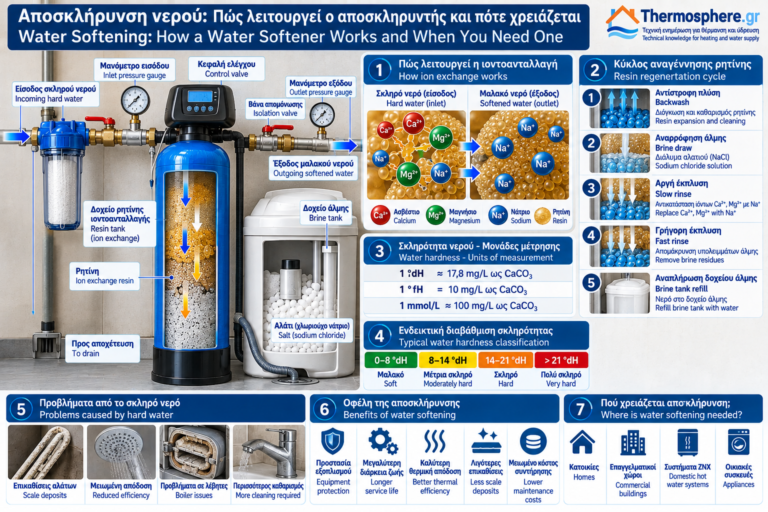 Technical illustration of a water softener showing the ion-exchange resin tank, control valve, brine tank and drain connection, explaining the water softening and resin regeneration process.