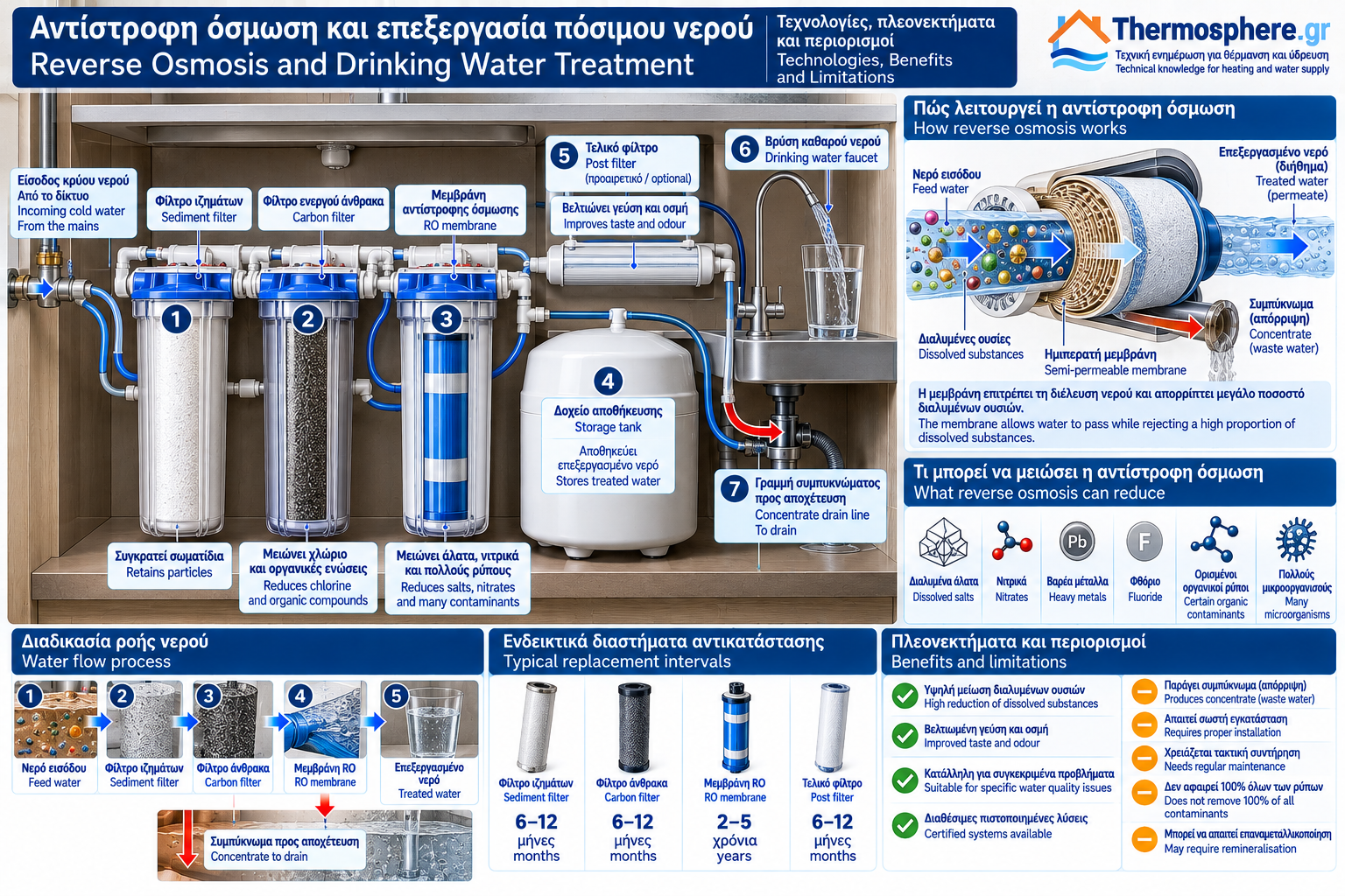 Τεχνική απεικόνιση συστήματος αντίστροφης όσμωσης πόσιμου νερού με προφίλτρα ιζημάτων και ενεργού άνθρακα, μεμβράνη RO, δοχείο αποθήκευσης, βρύση καθαρού νερού και γραμμή αποχέτευσης συμπυκνώματος.