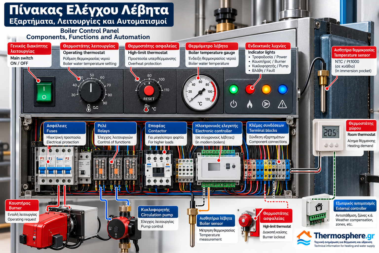 Technical illustration of a heating boiler control panel showing the main switch, operating thermostat, high-limit safety thermostat, temperature gauge, indicator lights, relays, and burner and circulation pump connections.