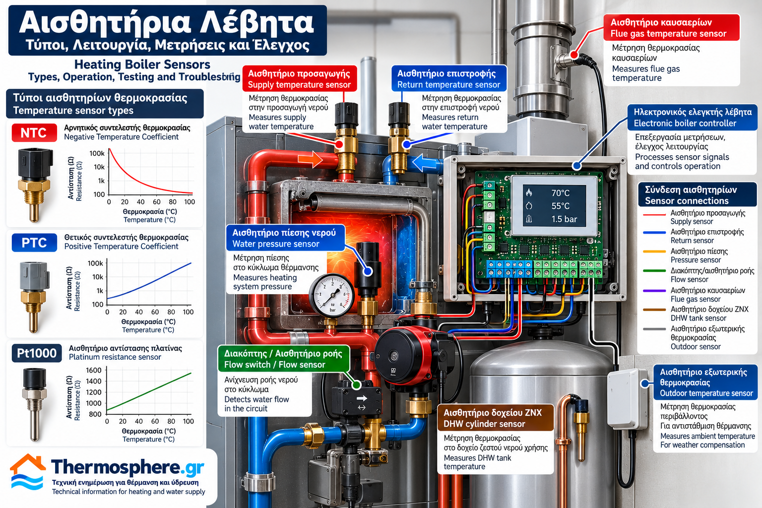 Τεχνική απεικόνιση αισθητηρίων λέβητα θέρμανσης με NTC, PTC και Pt1000, αισθητήρια προσαγωγής και επιστροφής νερού, αισθητήρα πίεσης, διακόπτη ροής, αισθητήριο καυσαερίων και σύνδεση με ηλεκτρονικό ελεγκτή.