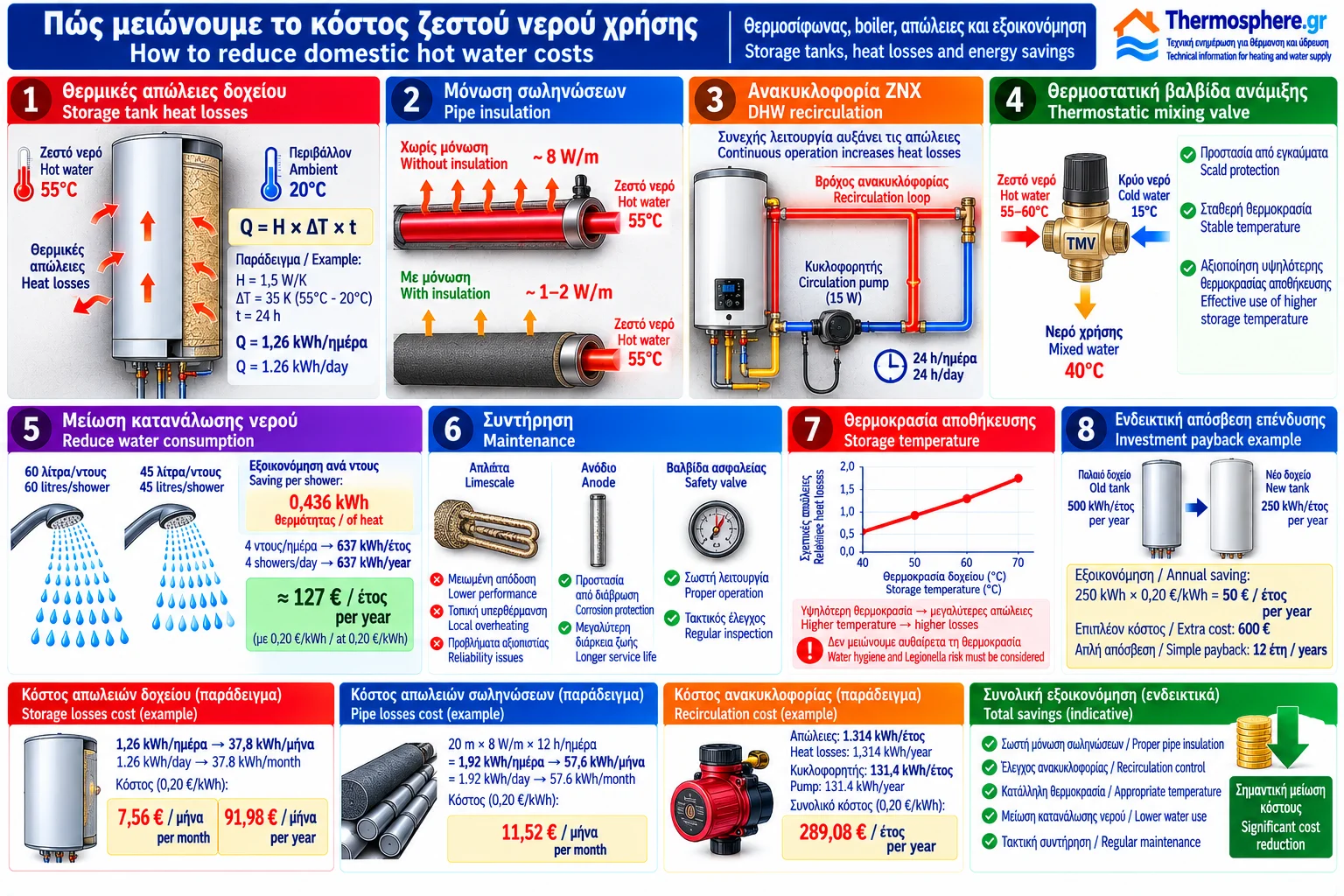 Technical domestic hot water energy-saving infographic showing water heater and storage tank heat losses, insulated and uninsulated pipework, DHW recirculation, thermostatic mixing valve and illustrative energy cost calculations, with bilingual Greek and English labels.