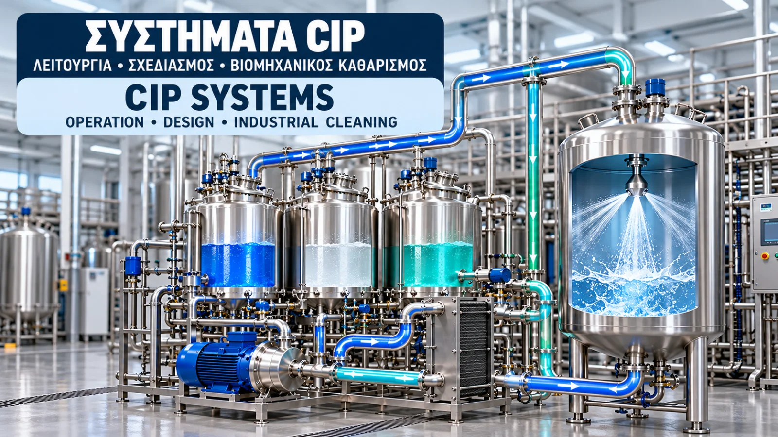Industrial CIP cleaning system with stainless steel tanks, circulation pump, heat exchanger, pipelines and automated vessel spray cleaning.