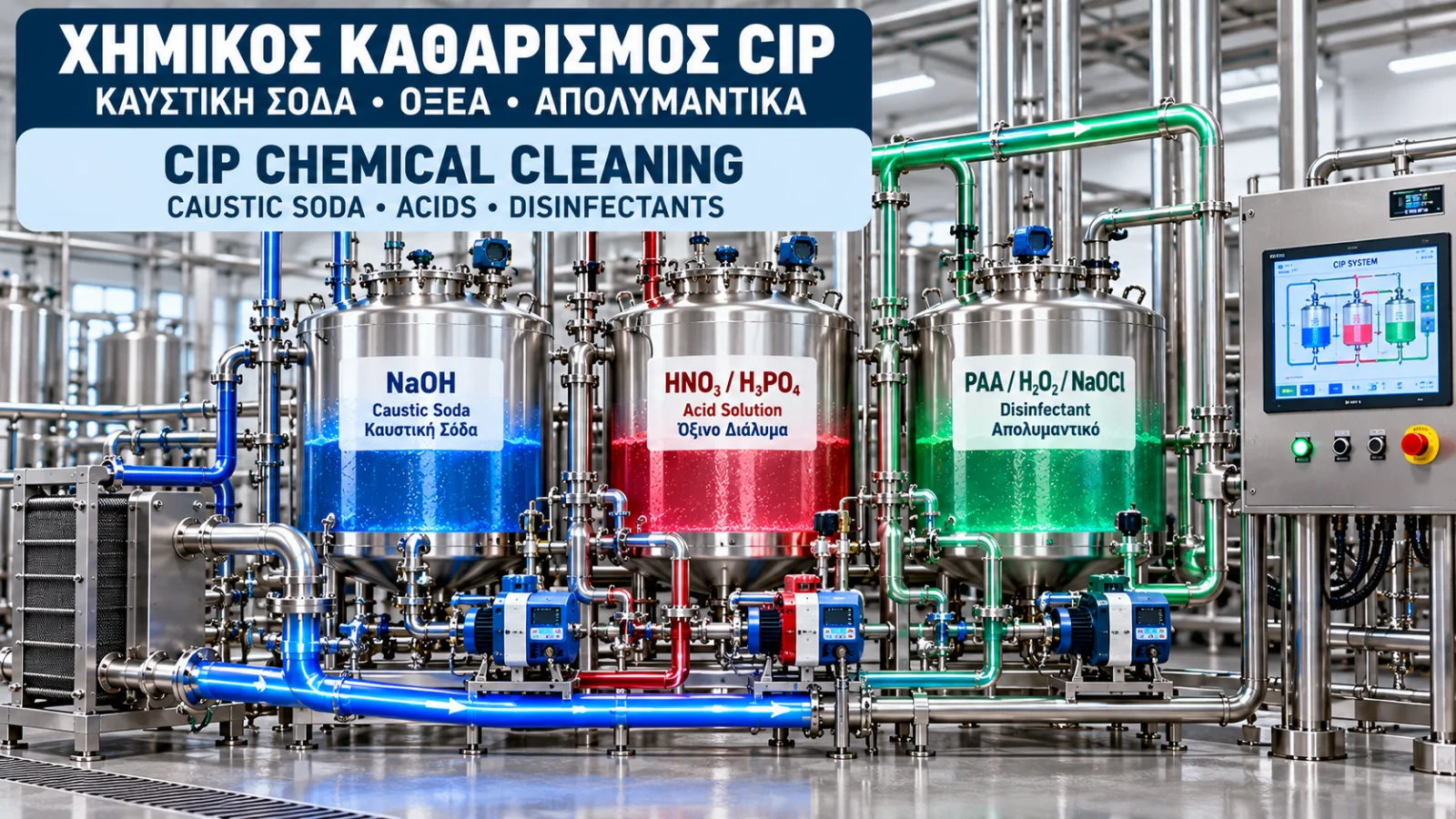 Industrial CIP chemical cleaning system with alkaline and acid solution tanks, dosing pumps, stainless steel pipelines and process monitoring instruments.