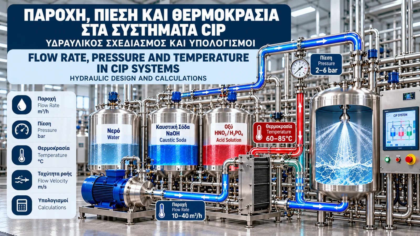 Industrial CIP system featuring stainless steel pipelines, a circulation pump, heat exchanger, flowmeter, pressure gauge and temperature sensors.