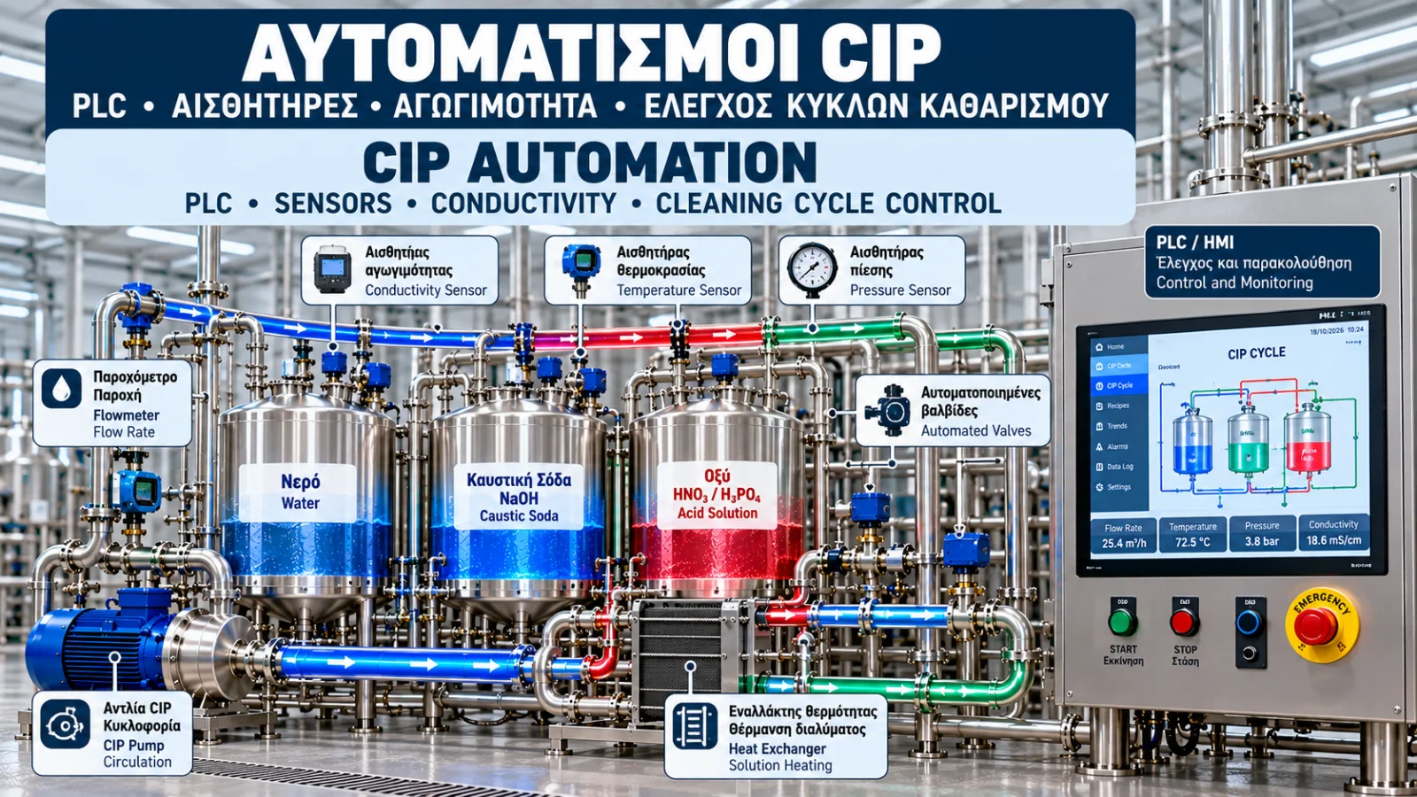 Αυτοματοποιημένο σύστημα CIP με πίνακα PLC και οθόνη HMI, αισθητήρες αγωγιμότητας, θερμοκρασίας, παροχής και πίεσης, ανοξείδωτες δεξαμενές και βαλβίδες ελέγχου.