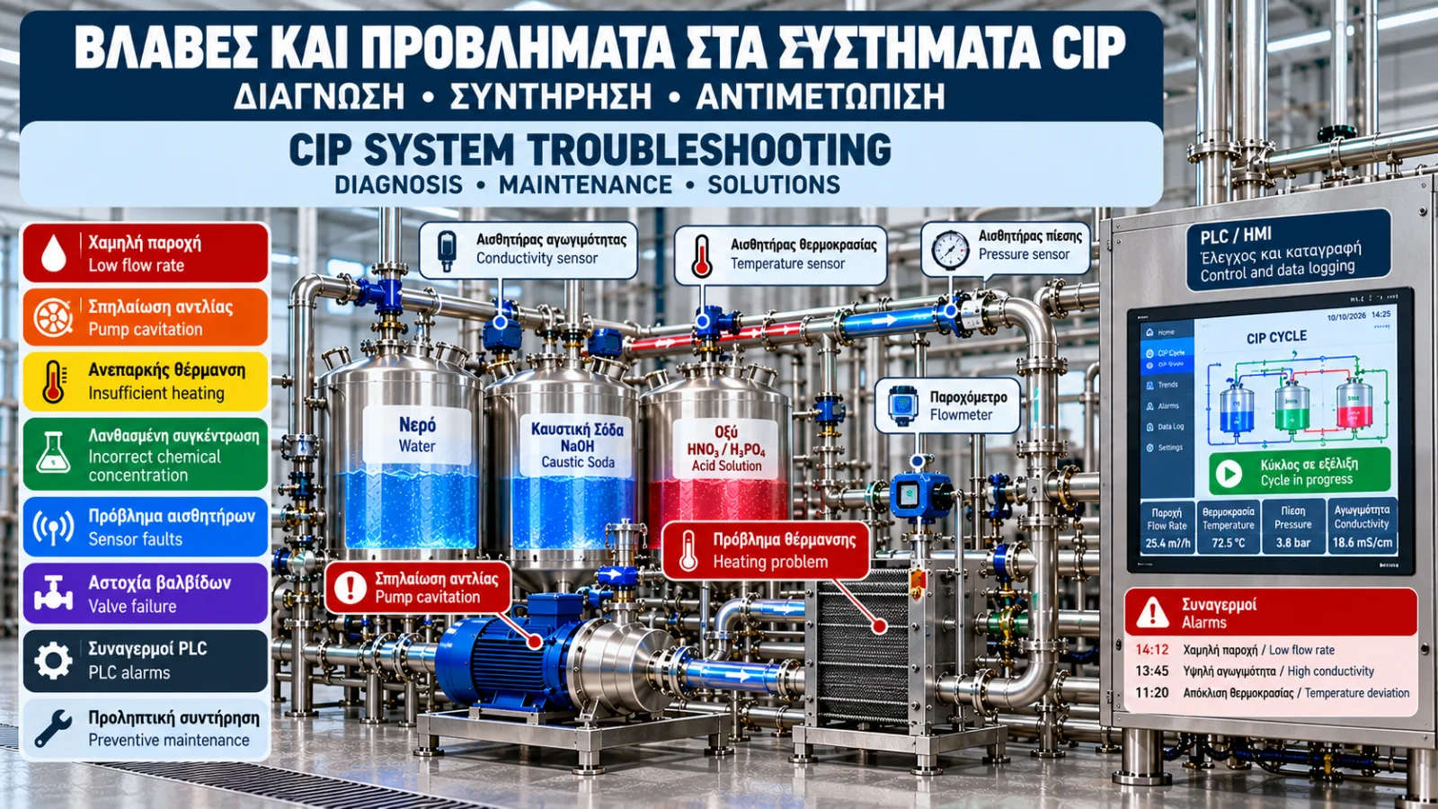 Industrial CIP system with stainless steel tanks, circulation pump, sensors, automated valves and PLC/HMI control panel for troubleshooting and preventive maintenance.