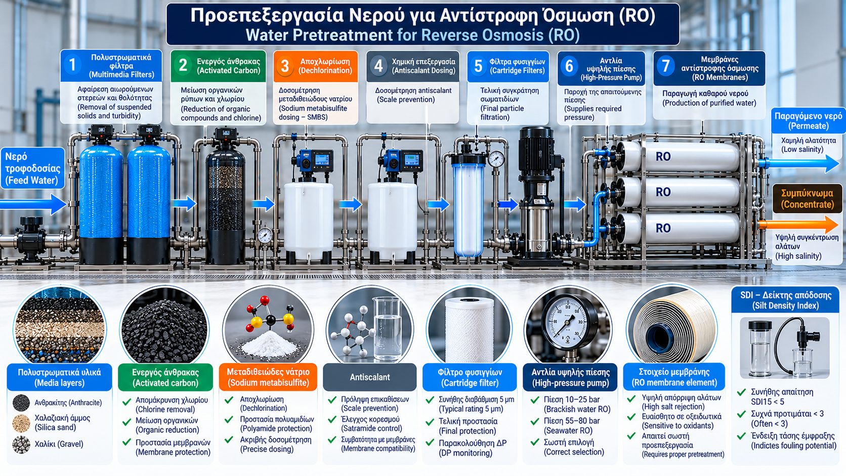 Τεχνικό διάγραμμα προεπεξεργασίας νερού πριν από βιομηχανική μονάδα αντίστροφης όσμωσης, με πολυστρωματικά φίλτρα, ενεργό άνθρακα, αποχλωρίωση, antiscalant, φίλτρα φυσιγγίων και μεμβράνες RO.