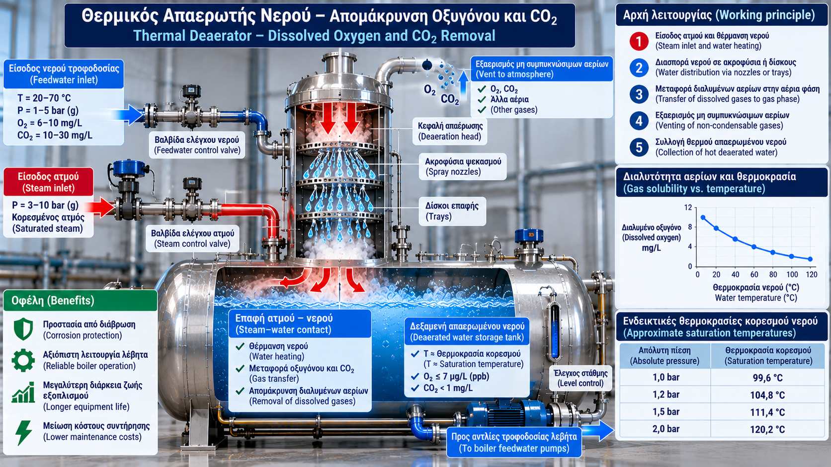 Technical diagram of a thermal water deaerator showing steam inlet, spray nozzles, contact trays, dissolved oxygen and CO₂ removal, venting and boiler feedwater storage tank.
