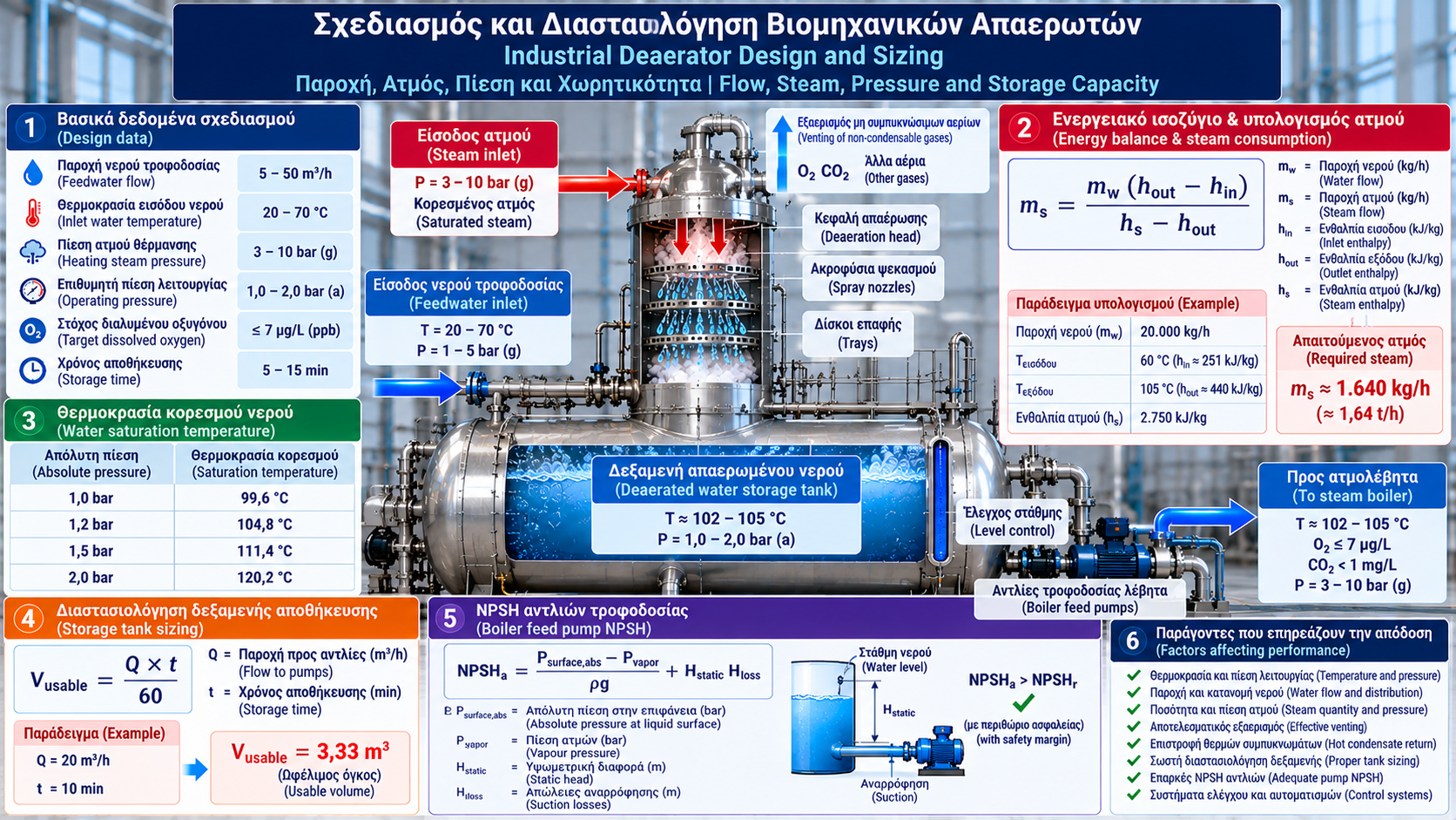 Technical sizing diagram of an industrial thermal deaerator showing feedwater flow, steam supply, operating temperature and pressure, storage tank capacity, energy balance and boiler feed pump NPSH.