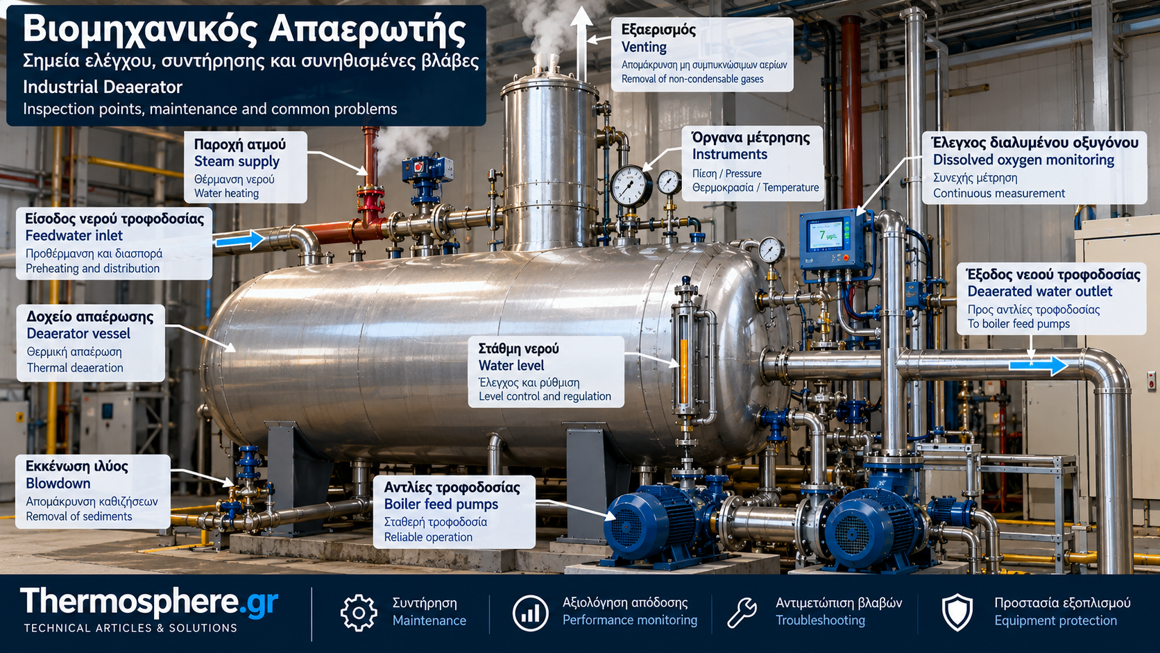 Industrial boiler thermal deaerator showing maintenance inspection points, pressure and temperature instruments, water level monitoring, vent system, dissolved oxygen analyzer and boiler feedwater pumps.