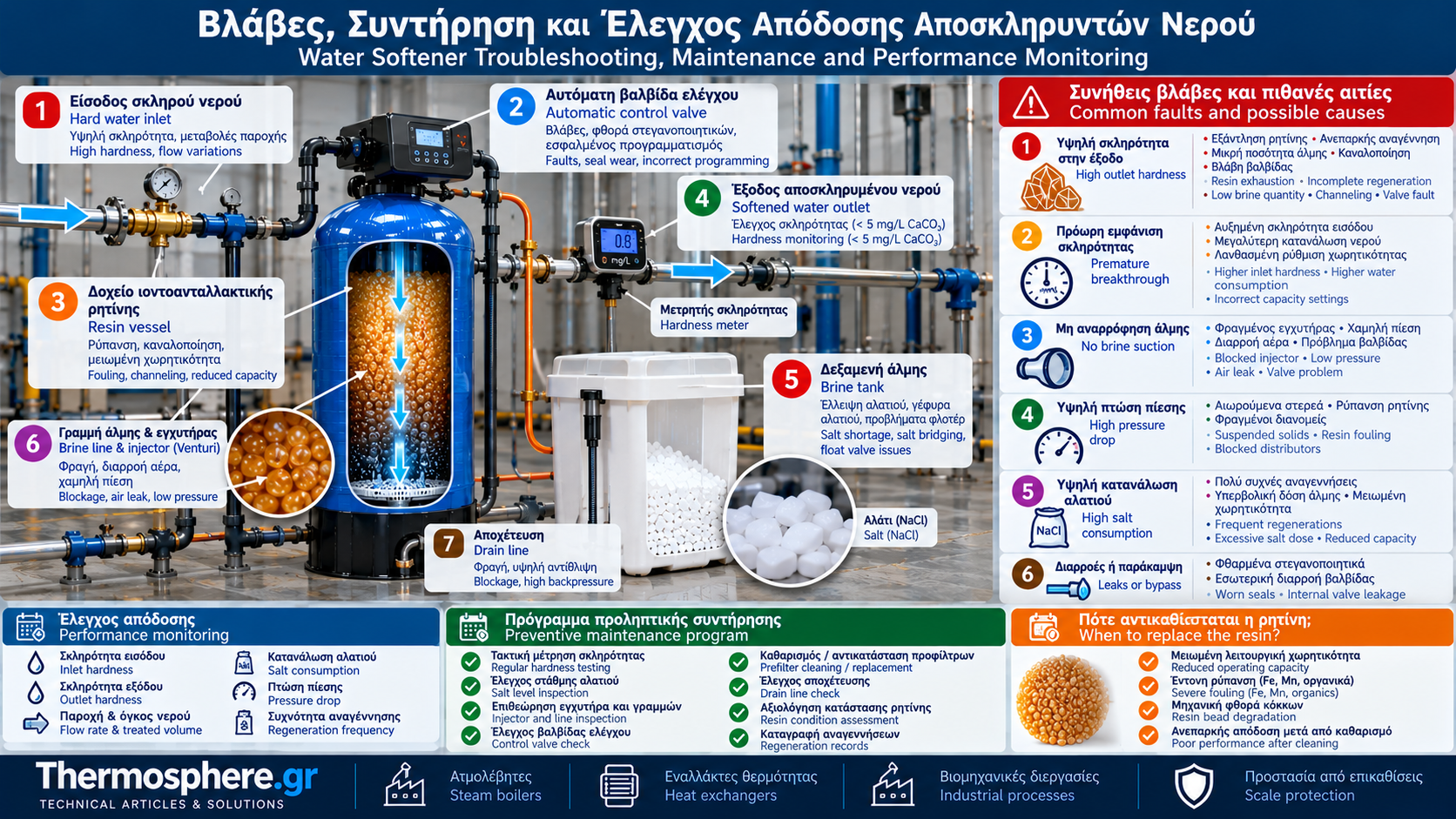 Industrial water softener troubleshooting and maintenance diagram showing resin vessel, automatic control valve, brine tank, outlet hardness monitoring and key inspection points.