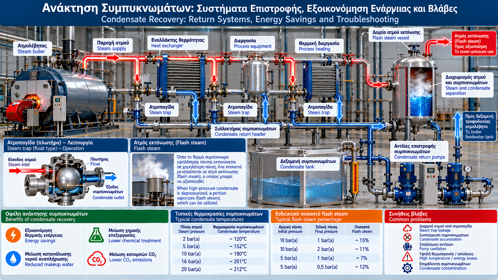 Industrial condensate recovery system diagram showing steam traps, condensate collection tank, return pumps, flash steam vessel, deaerator and hot condensate return to the steam boiler.