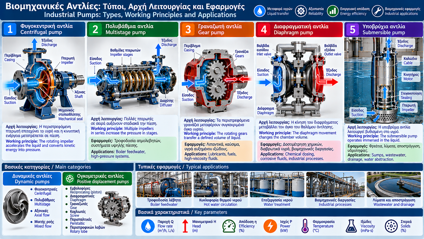 Technical illustration of industrial pump types including centrifugal, multistage, gear, diaphragm and submersible pumps, showing cutaway mechanisms, liquid inlet and outlet, and key components.