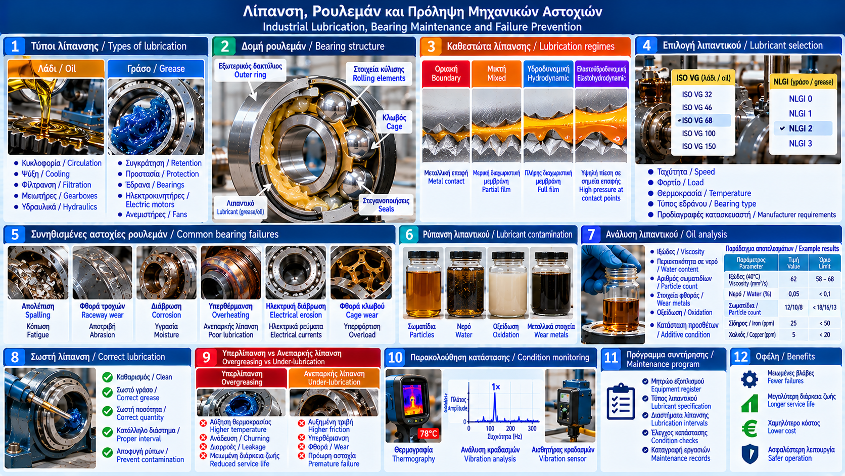 Industrial lubrication and bearing maintenance infographic showing a rolling bearing cutaway, grease and oil lubrication, bearing failure mechanisms, lubricant analysis and temperature monitoring.