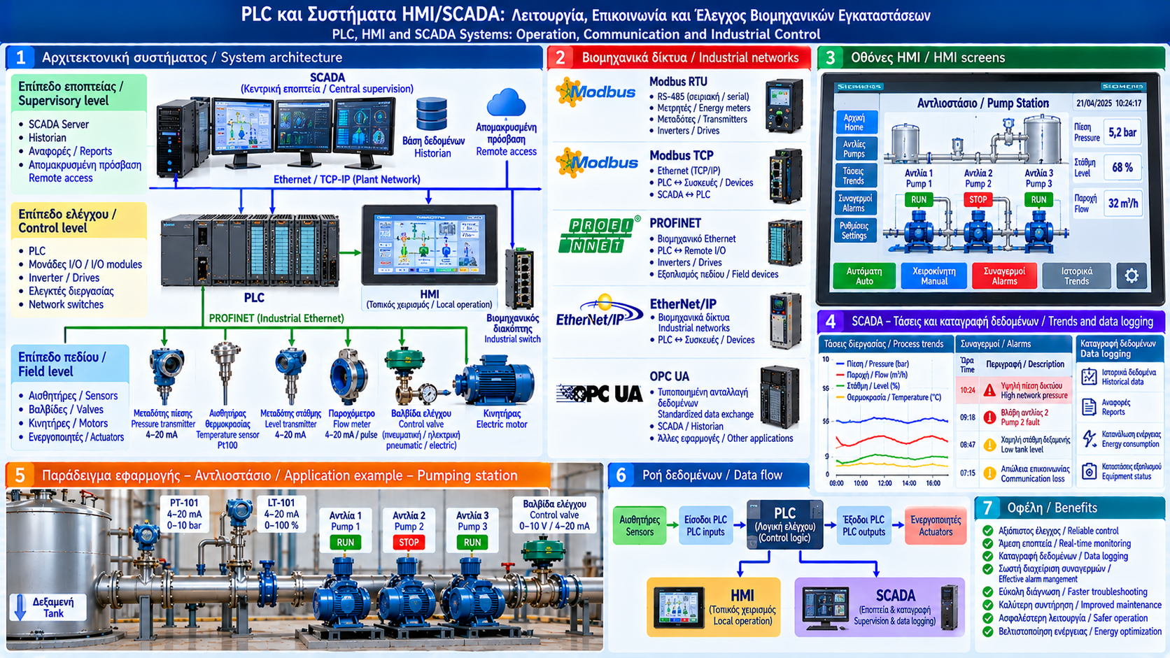 Technical infographic of PLC, HMI and SCADA architecture showing industrial sensors, I/O modules, Modbus and PROFINET networks, supervisory screens, alarms, data logging and a pumping station example.