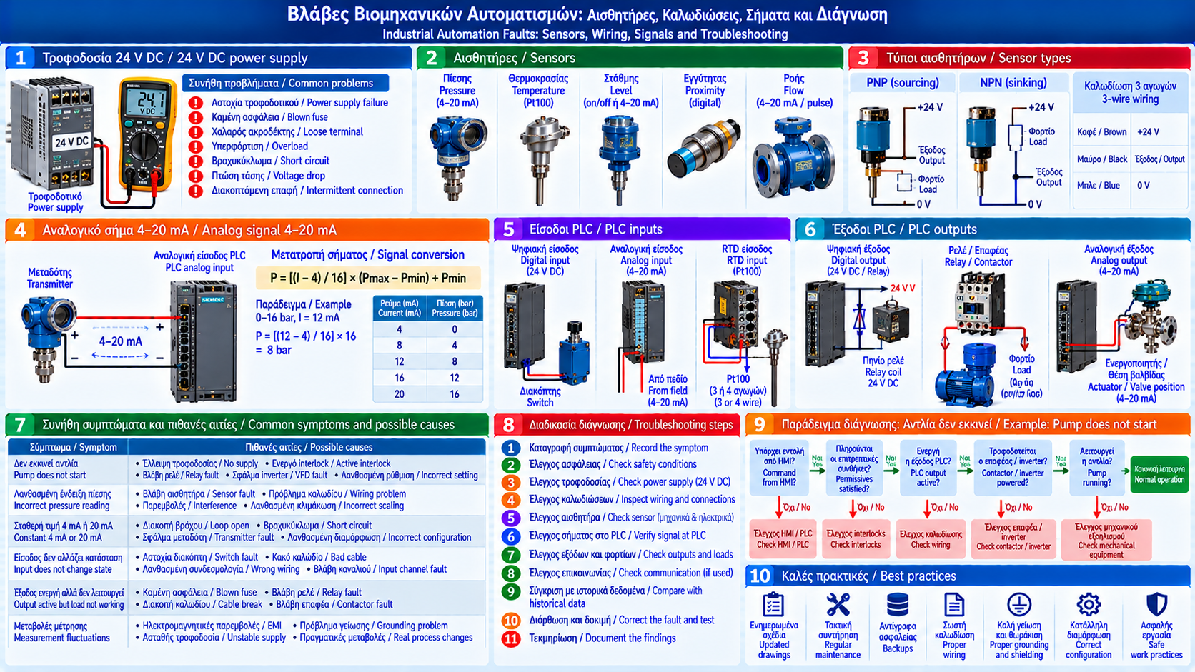 Industrial automation troubleshooting infographic showing a PLC, 24 V DC power supply, pressure and temperature sensors, 4–20 mA signal loop, wiring, digital inputs and outputs, relays and actuators.