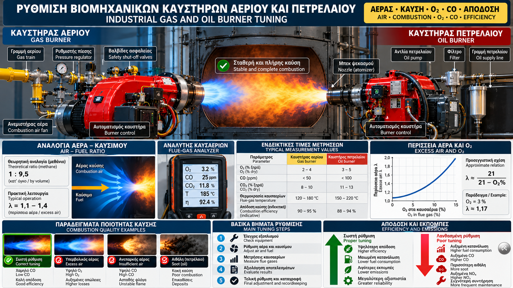 Τεχνικό διάγραμμα ρύθμισης βιομηχανικών καυστήρων αερίου και πετρελαίου με αναλογία αέρα–καυσίμου, περίσσεια αέρα, μετρήσεις O₂ και CO, αναλυτή καυσαερίων και έλεγχο απόδοσης καύσης.