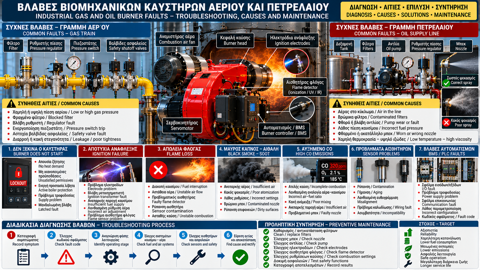 Τεχνικό διάγραμμα διάγνωσης βλαβών βιομηχανικών καυστήρων αερίου και πετρελαίου με αποτυχία ανάφλεξης, απώλεια φλόγας, γραμμή αερίου, αντλία και μπεκ πετρελαίου, αισθητήρες, BMS και διαδικασία συντήρησης.