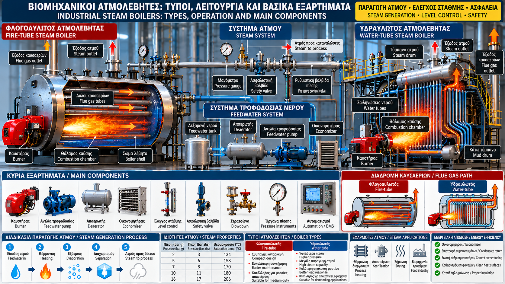 Technical infographic comparing industrial fire-tube and water-tube steam boilers, showing steam generation, burner, feedwater pump, water-level control, safety valve, deaerator and economizer.
