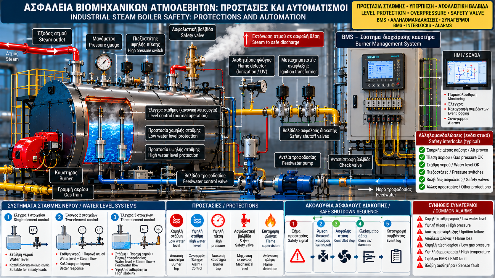 Industrial steam boiler safety infographic showing low-water protection, high-pressure limiter, safety valve, burner management system, flame supervision, safety interlocks and boiler alarms.