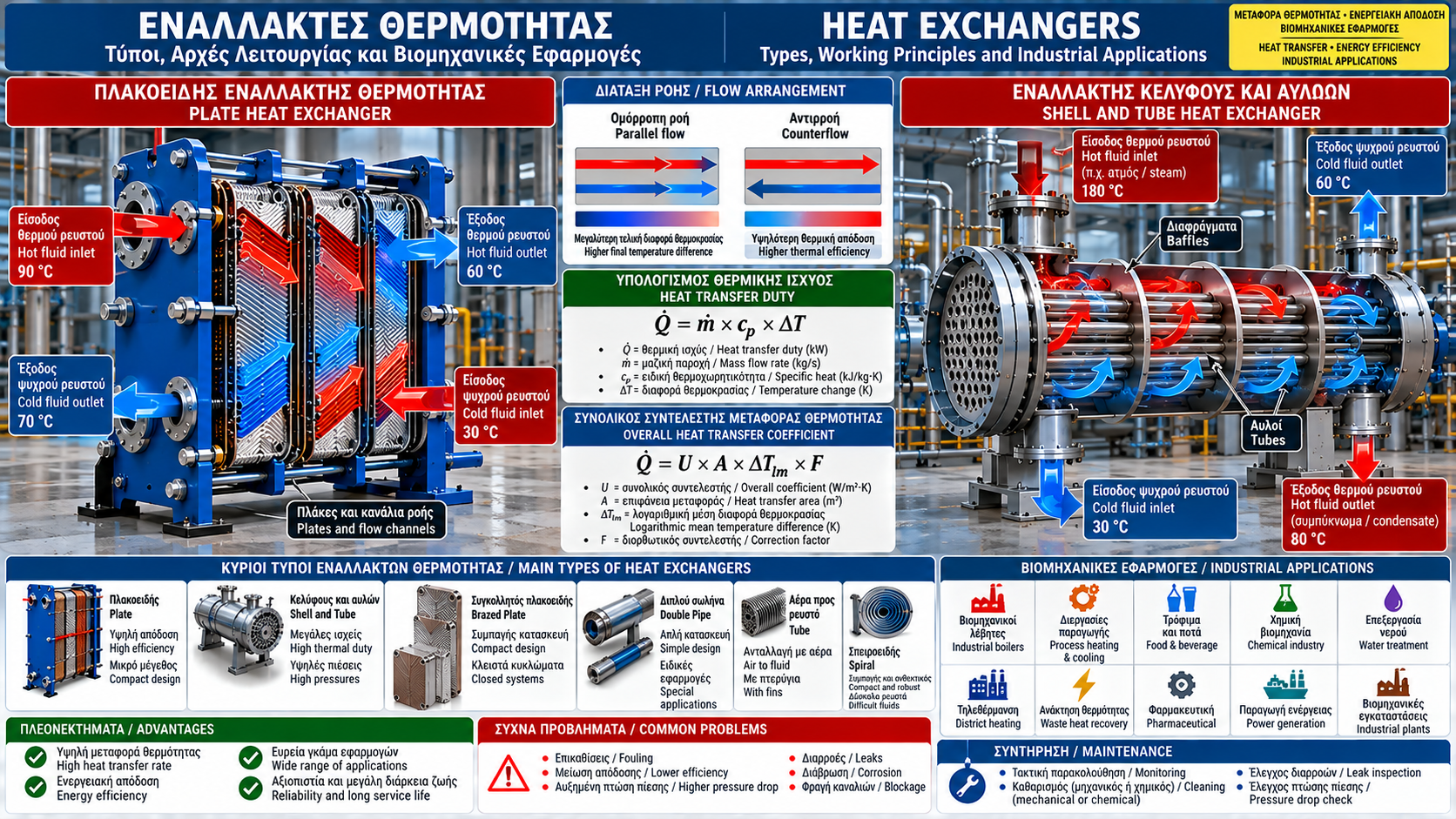 Technical illustration of industrial heat exchangers showing plate and shell-and-tube designs, hot and cold fluid circuits, counterflow arrangement and heat transfer.