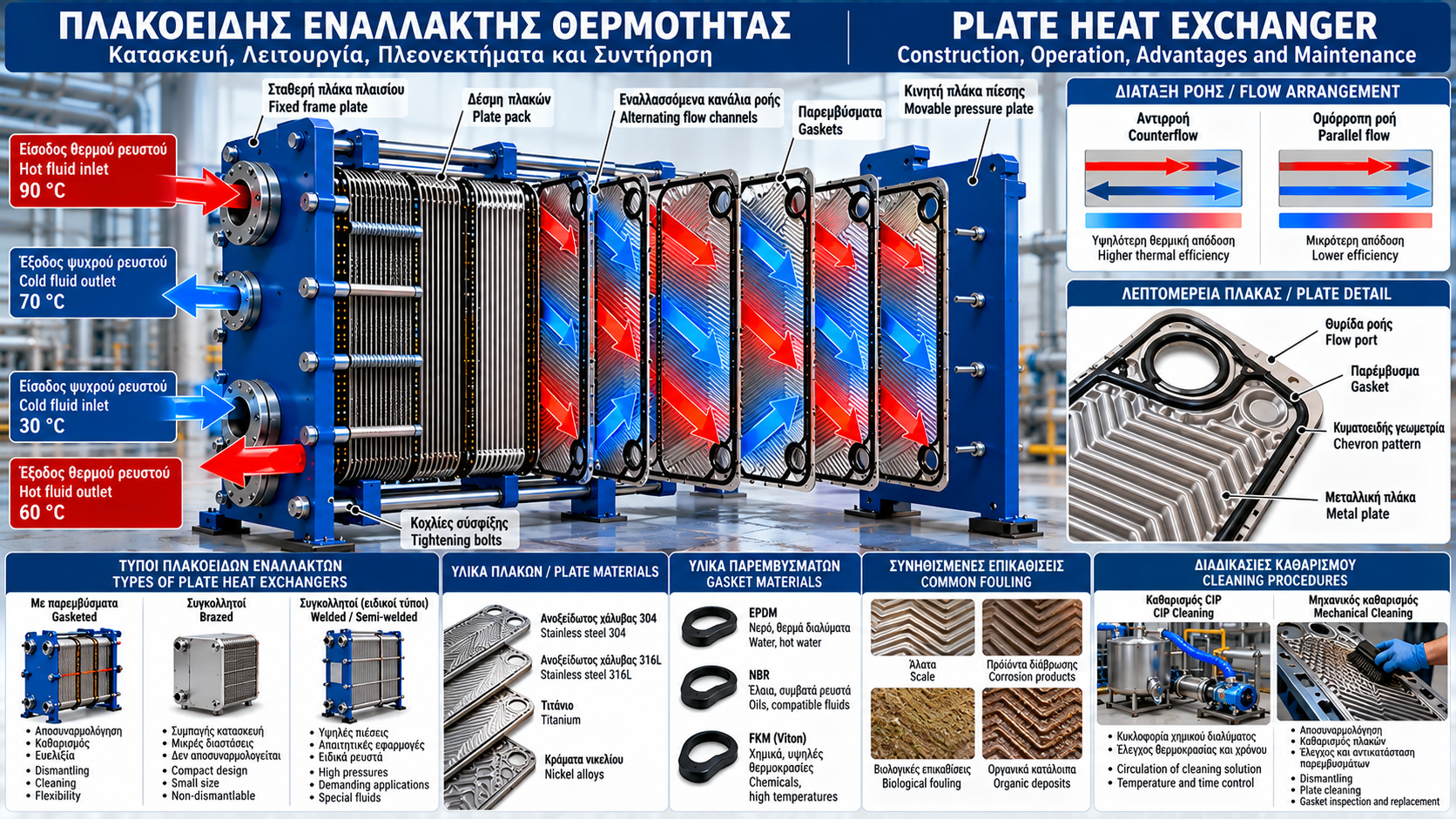 Technical illustration of a gasketed plate heat exchanger showing metal plates, gaskets, hot and cold fluid channels, counterflow operation, inspection points and maintenance.