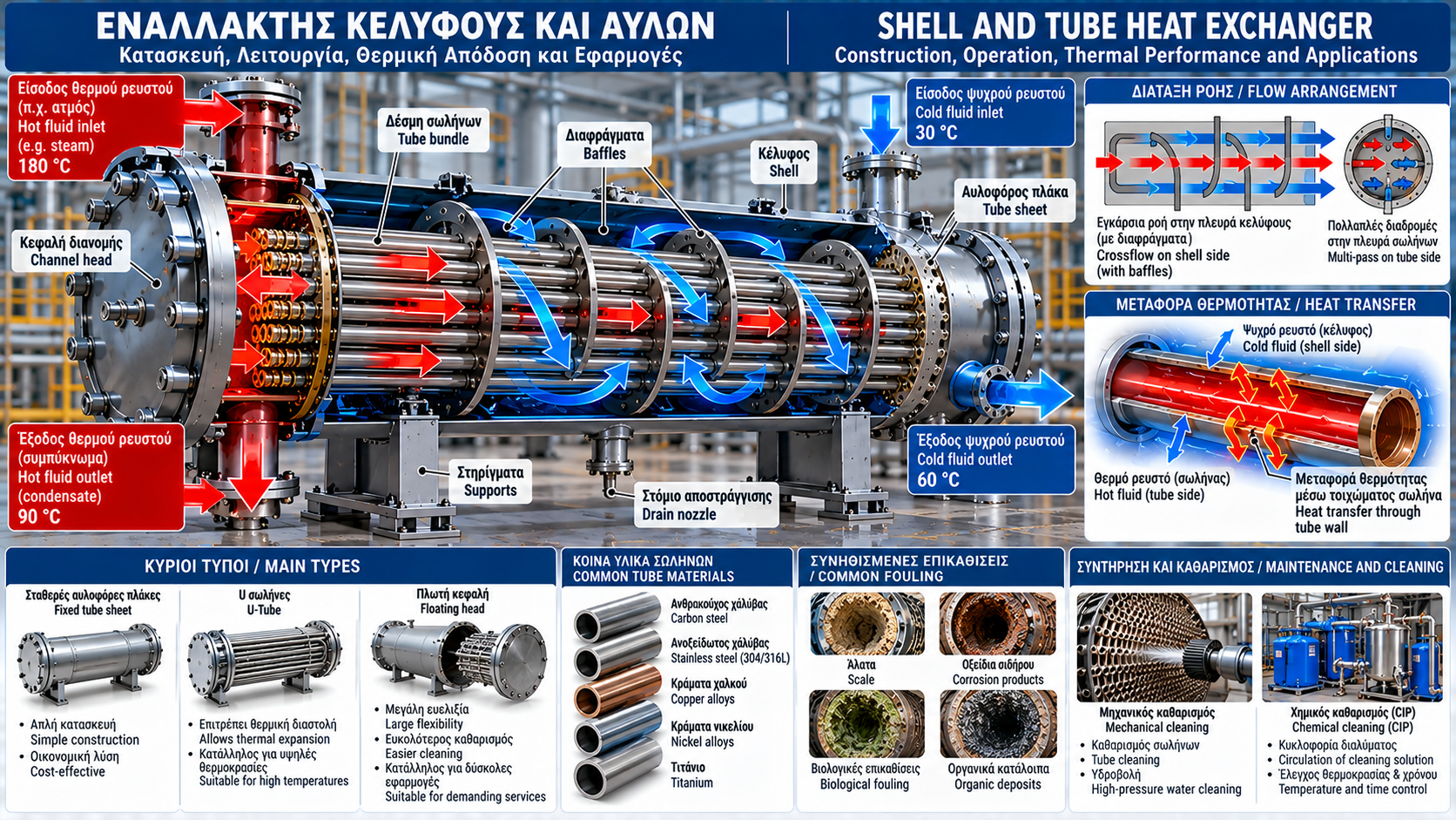 Technical cutaway of an industrial shell-and-tube heat exchanger showing the tube bundle, baffles, tube sheets, hot and cold fluid flow paths, and inspection points.
