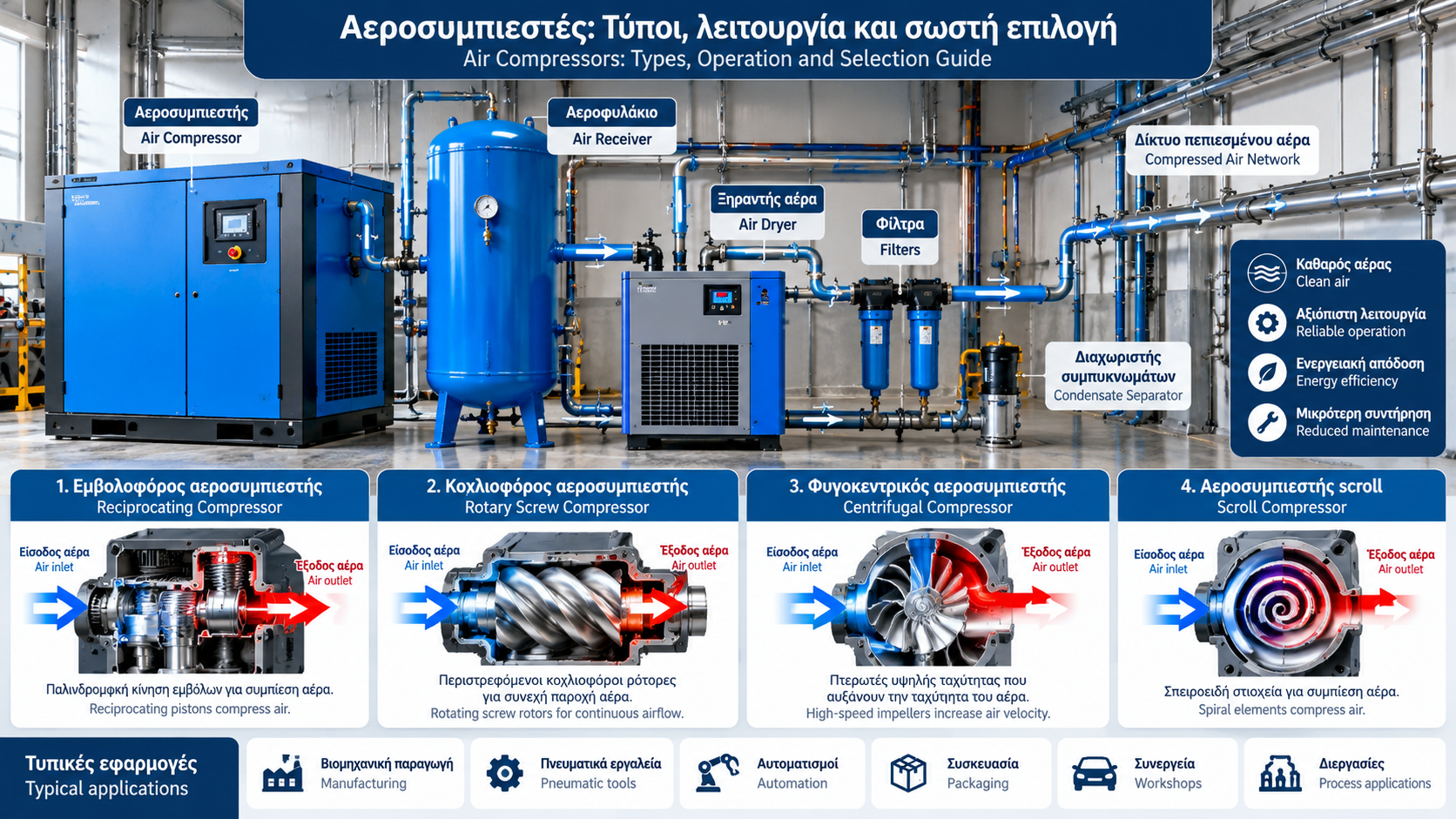 Industrial reciprocating and rotary screw air compressors used for compressed air generation.