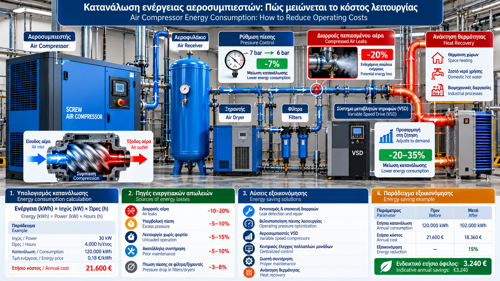 Τεχνικό διάγραμμα εξοικονόμησης ενέργειας σε βιομηχανικό σύστημα πεπιεσμένου αέρα, με διαρροές, ρύθμιση πίεσης, έλεγχο VSD και ανάκτηση θερμότητας.